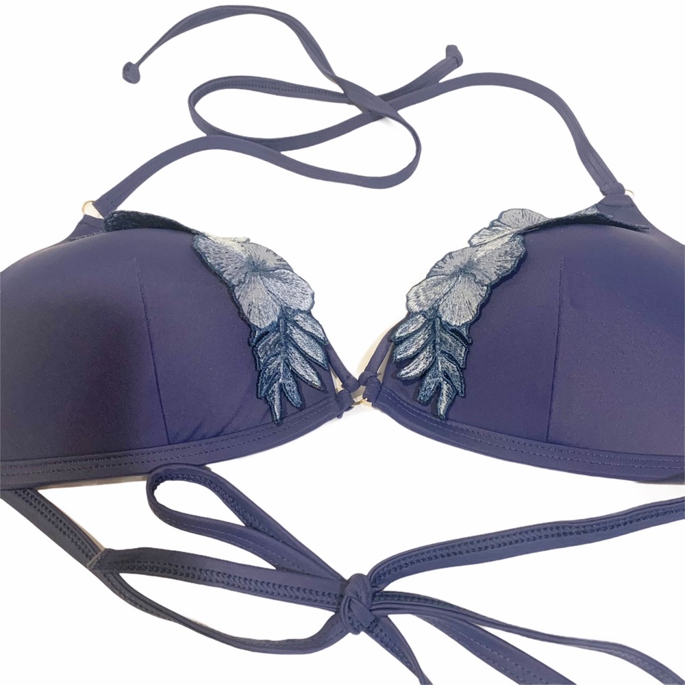 PINK Victoria's Secret Navy Floral Appliqué Halter Bikini Top